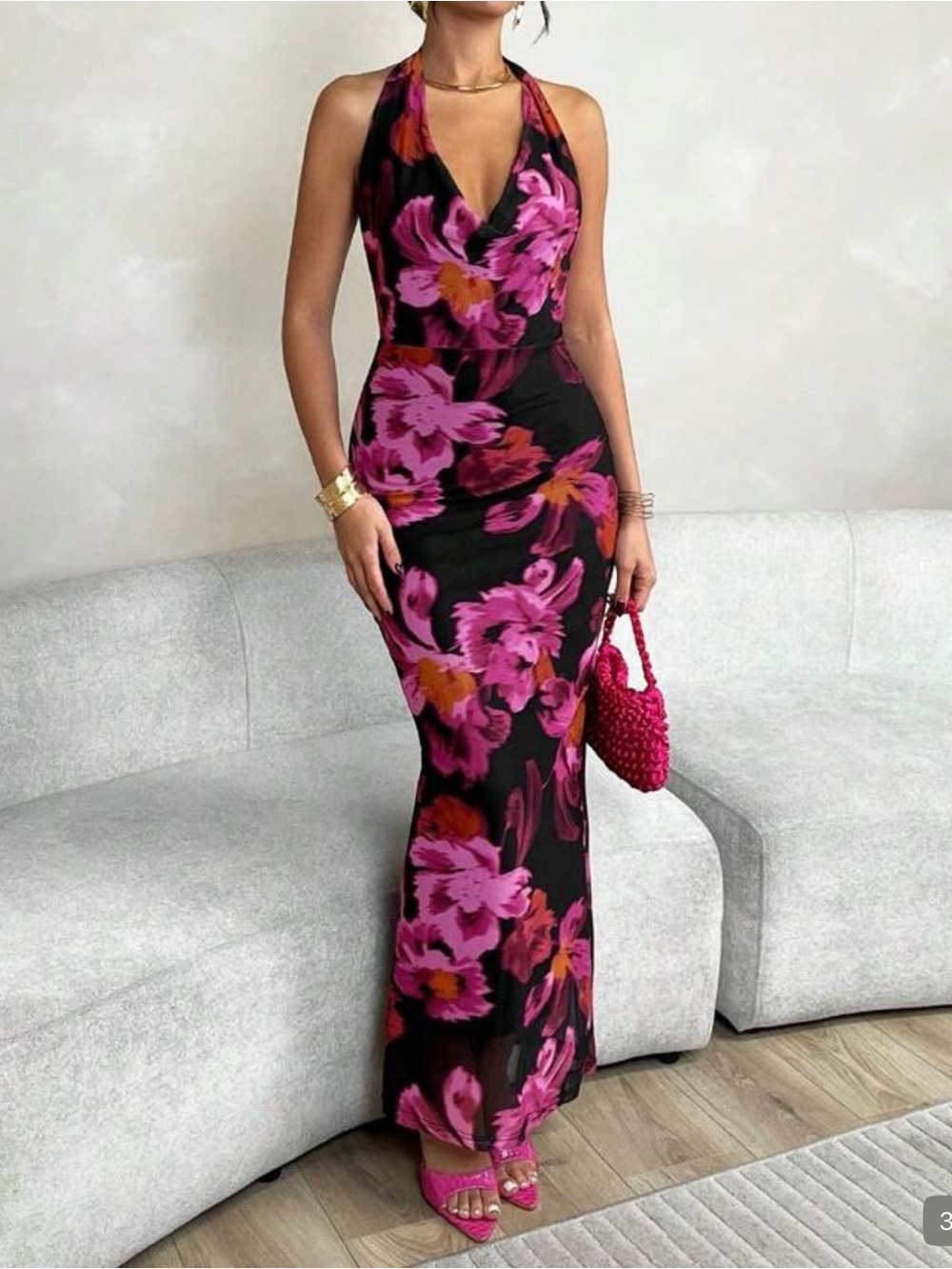SHEIN Pink Floral Halter Maxi Dress on Black